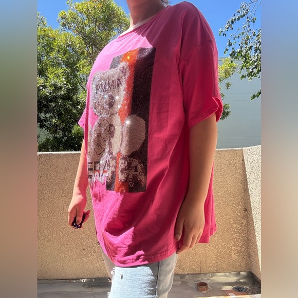 None Tops - Pink Graphic T-Shirt with Bear Design